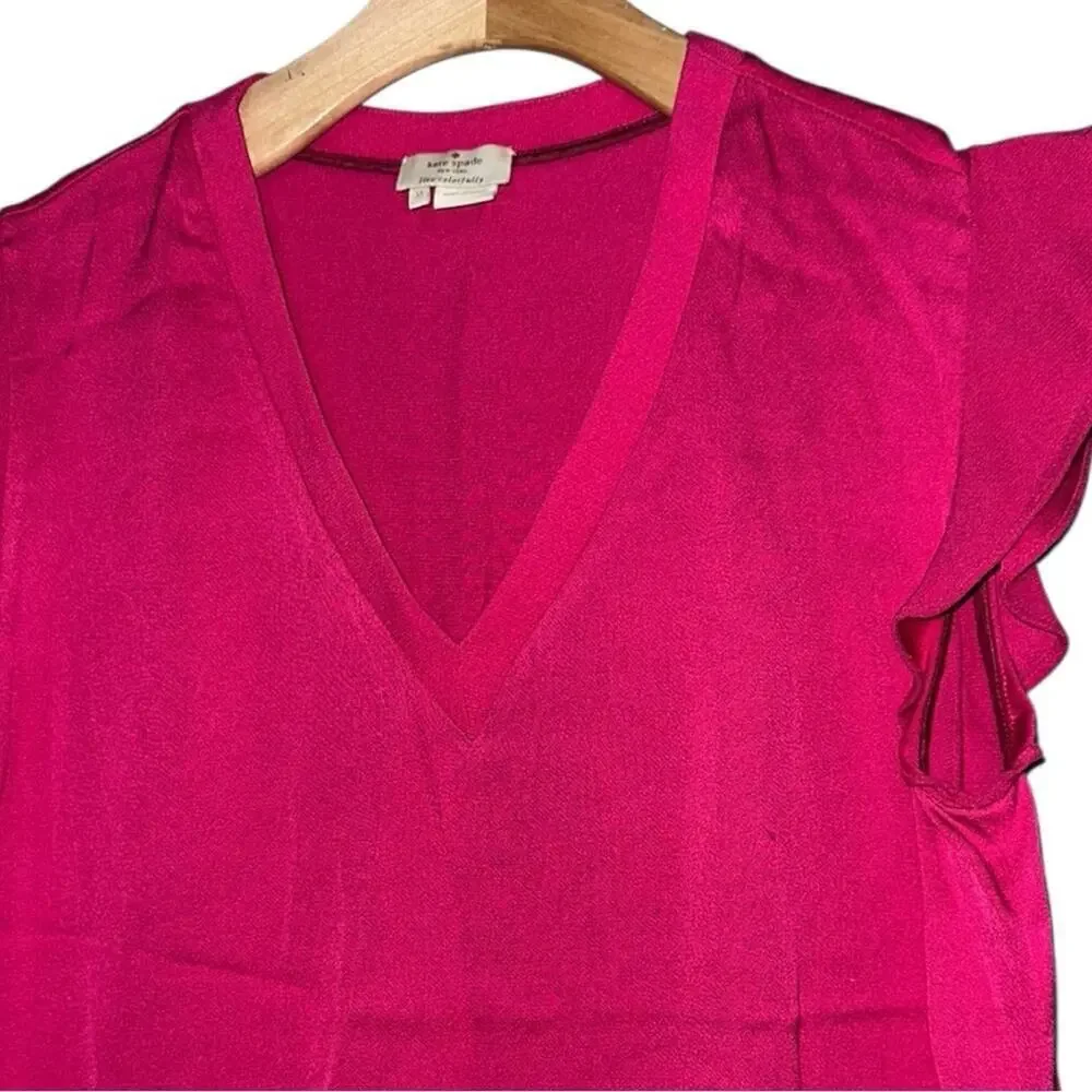 Kate Spade Women’s Size M Pink V Neck Ruffle Flutter Cap Sleeve Satin Crepe Top